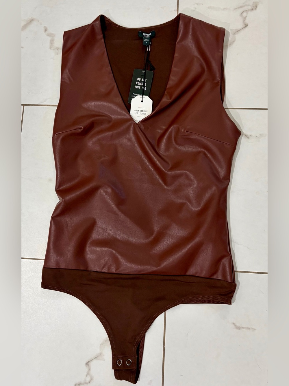NWT Express Body Contour Faux-Leather V-Neck Bodysuit S